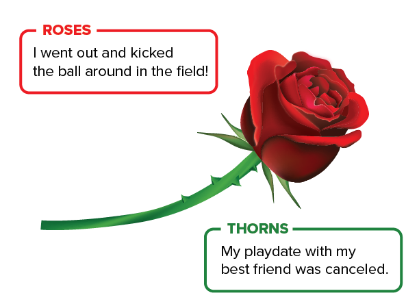 image of red rose to teach self-reflection for students with text saying "I went out and kicked the ball around in the field" and "my playdate with my best friend was cancelled"